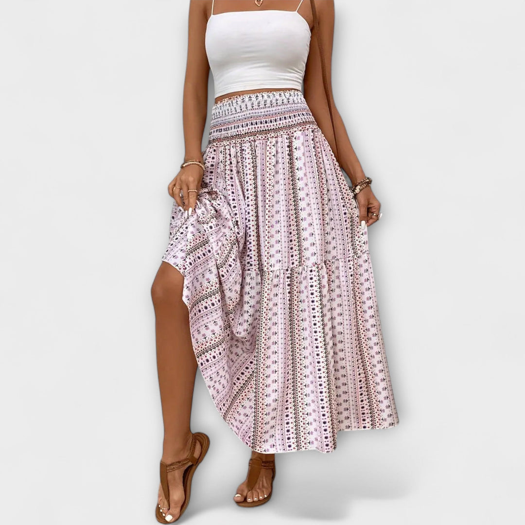 Beáta | Midi sukně s boho potiskem a splývavou látkou