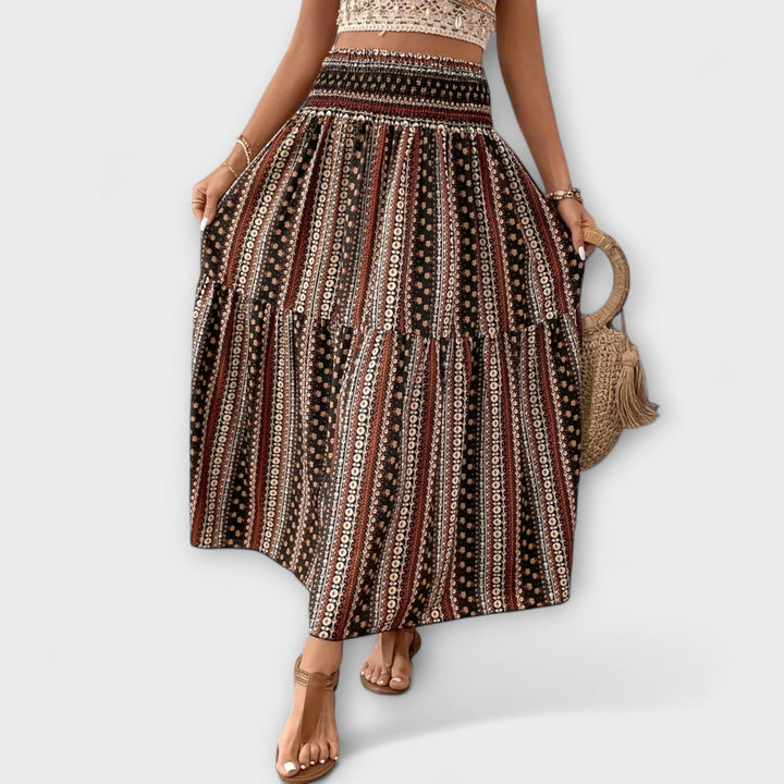 Beáta | Midi sukně s boho potiskem a splývavou látkou