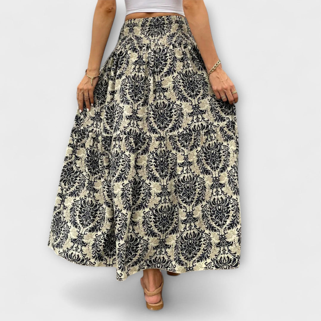 Beáta | Midi sukně s boho potiskem a splývavou látkou