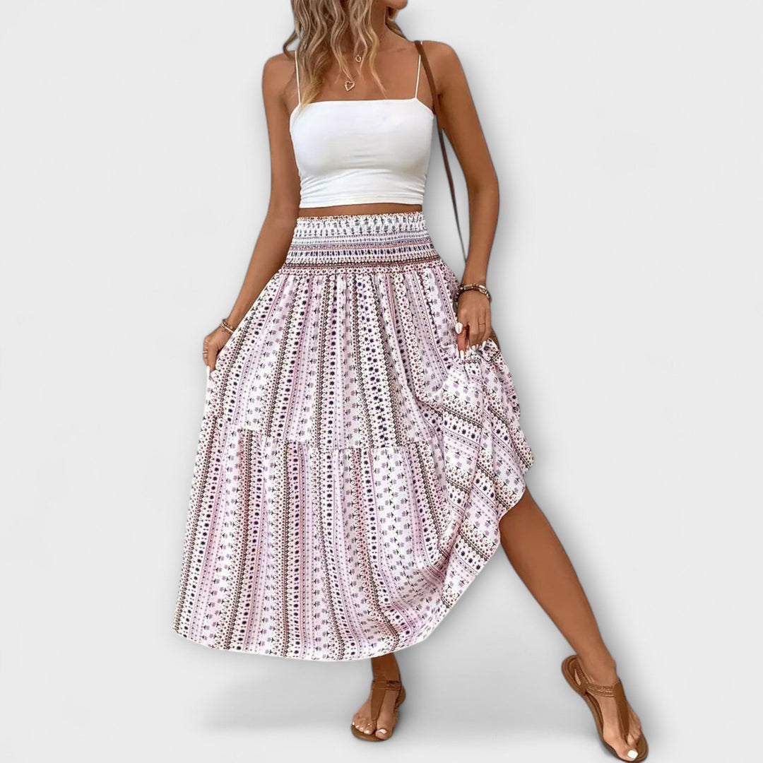 Beáta | Midi sukně s boho potiskem a splývavou látkou