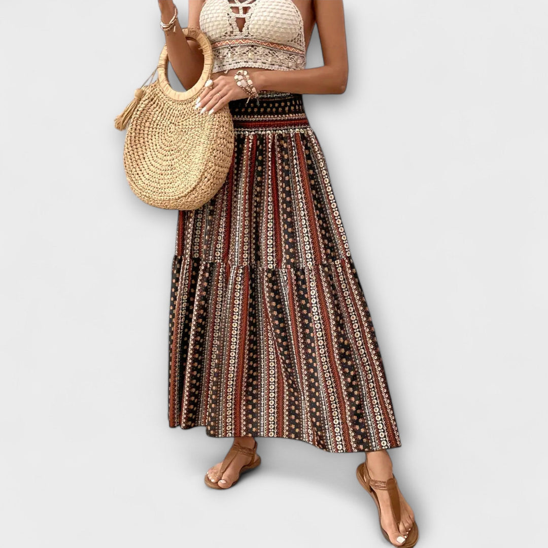 Beáta | Midi sukně s boho potiskem a splývavou látkou