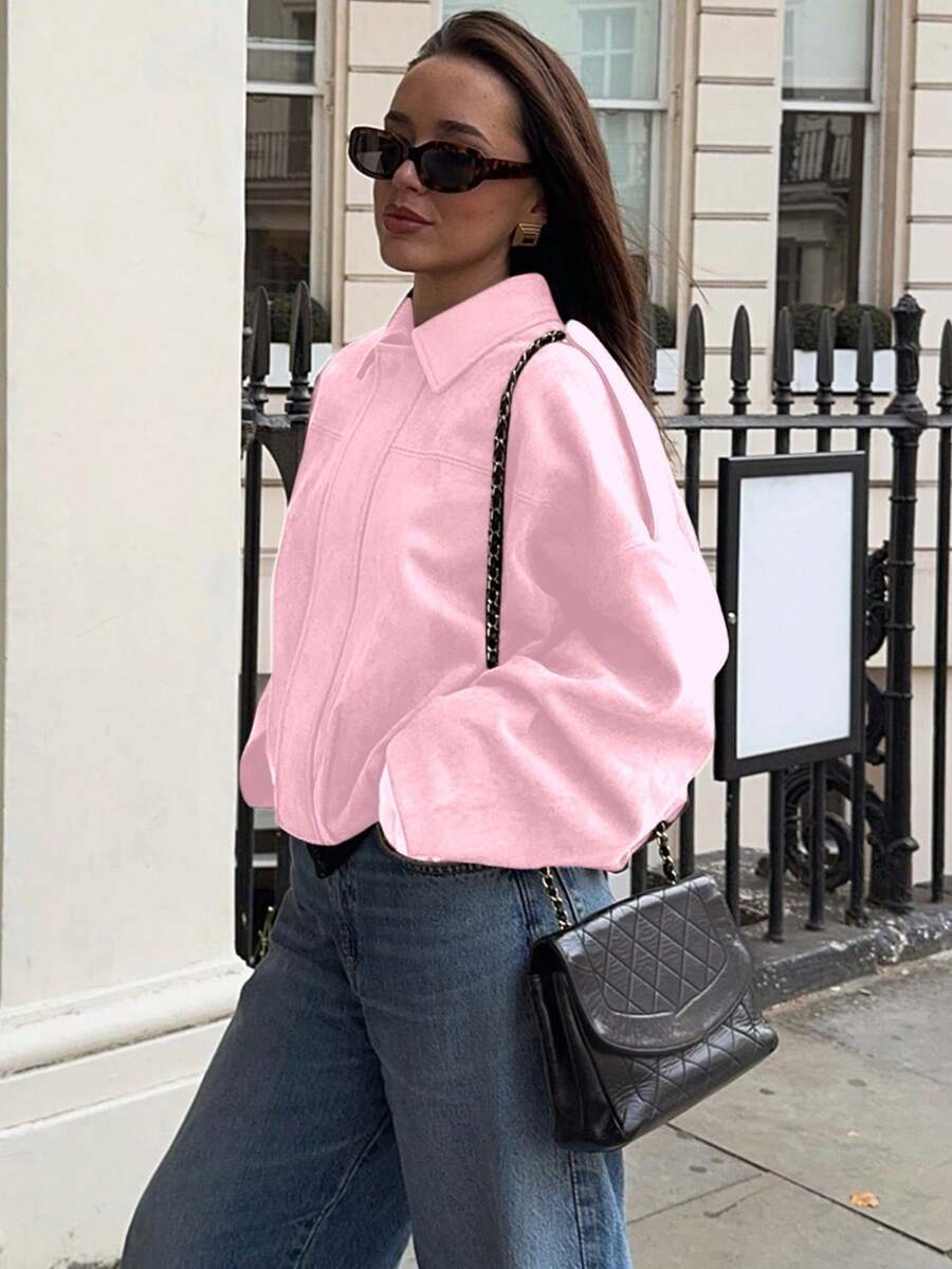 Dámská volná vintage bunda – klasický límec, dlouhý rukáv, podzimní styl