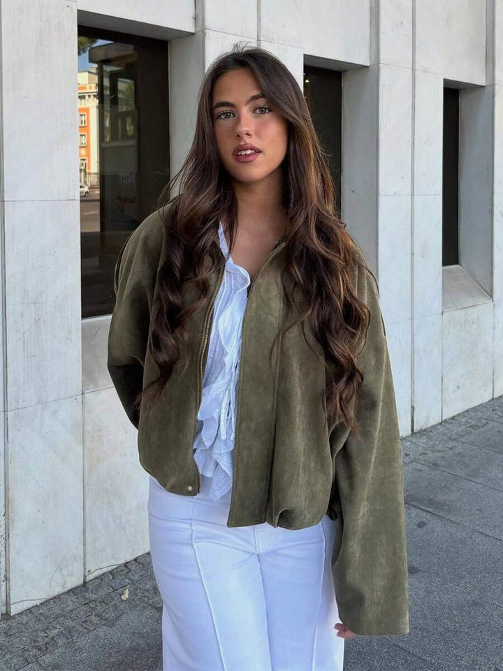 Dámská volná vintage bunda – klasický límec, dlouhý rukáv, podzimní styl