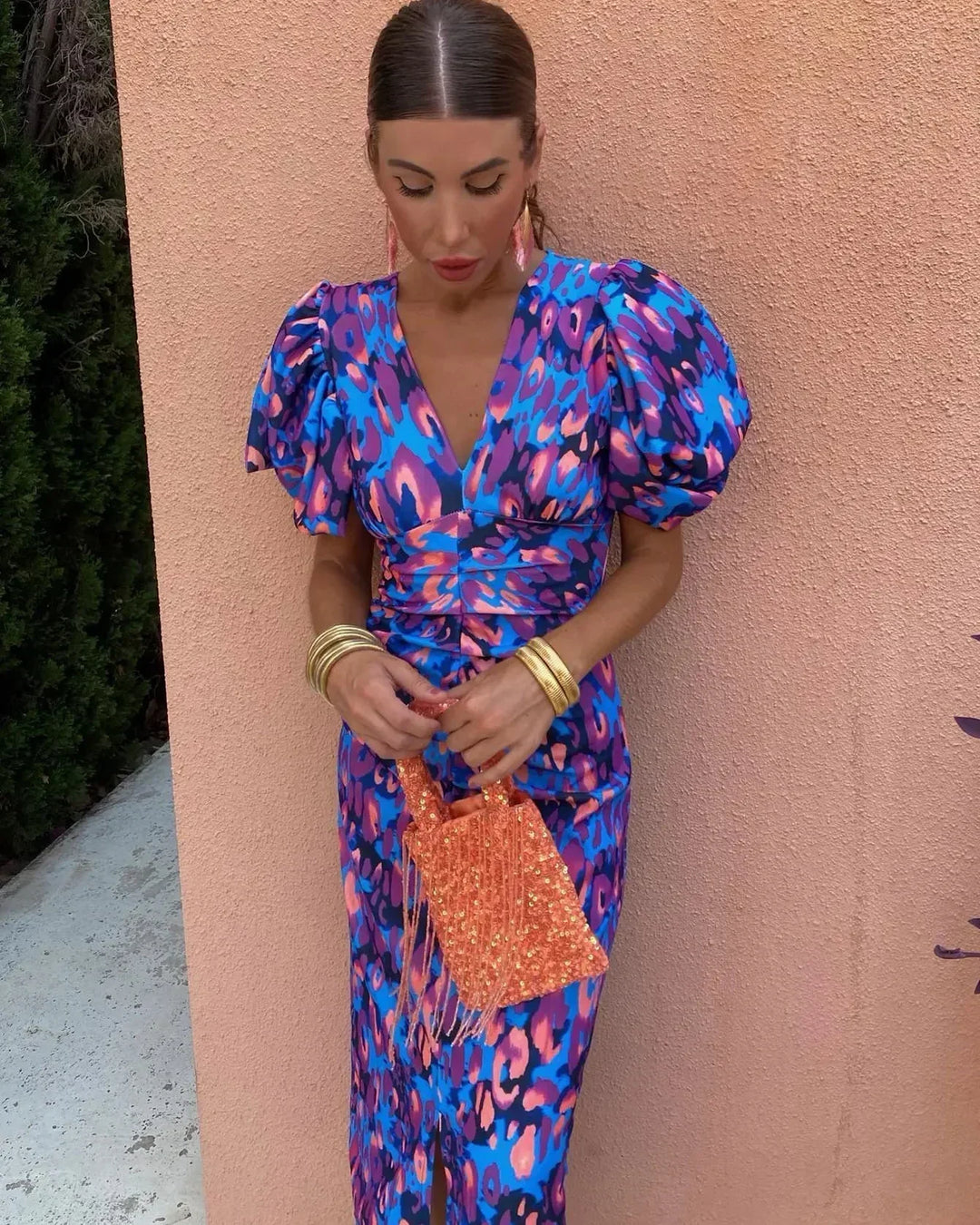 SIMONA | Elegantní šaty s výstřihem do V a nabíranými rukávy