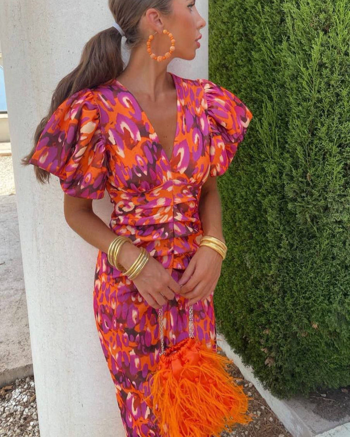 SIMONA | Elegantní šaty s výstřihem do V a nabíranými rukávy